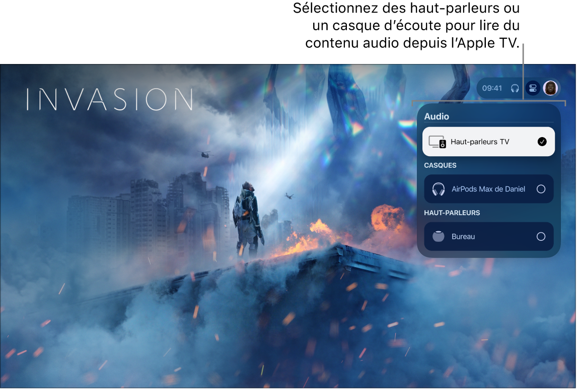 Écran de l’Apple TV avec les commandes audio du centre de contrôle