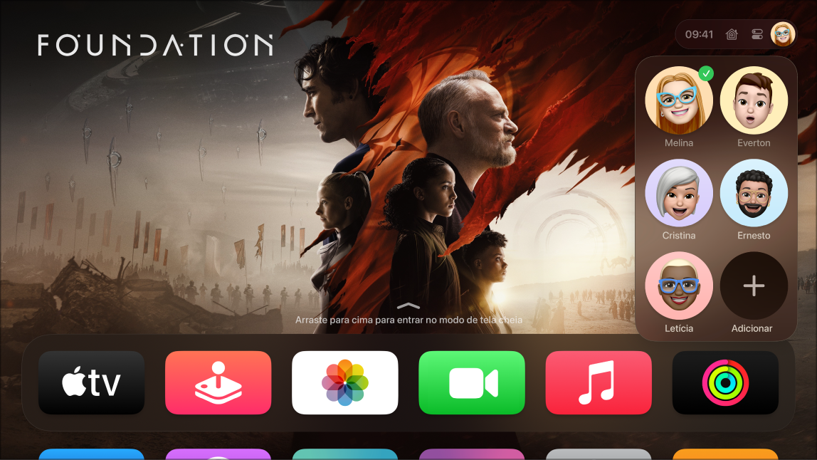 Tela da Apple TV mostrando a aba de perfis na Central de Controle.