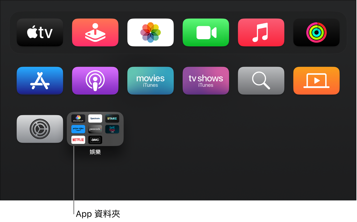 Apple TV 的「主畫面」上顯示一個 App 資料夾。