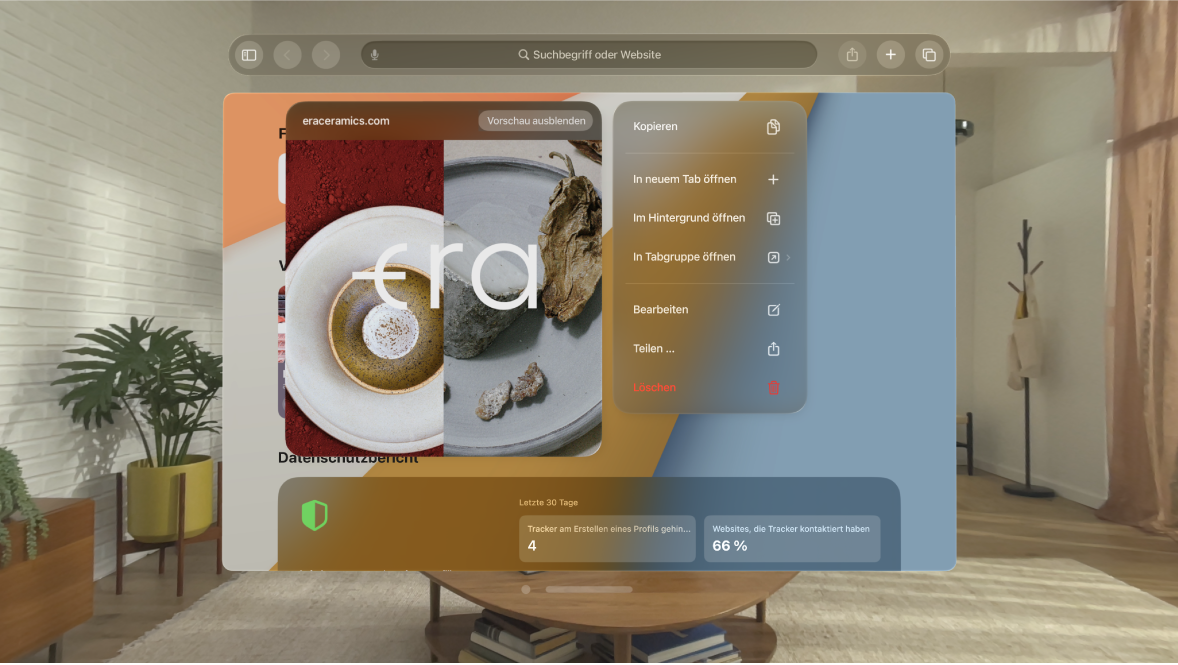 Die App „Safari“ auf der Apple Vision Pro mit einem kleinen Vorschaufenster, in dem eine Website vor dem Öffnen eines Links angezeigt wird.