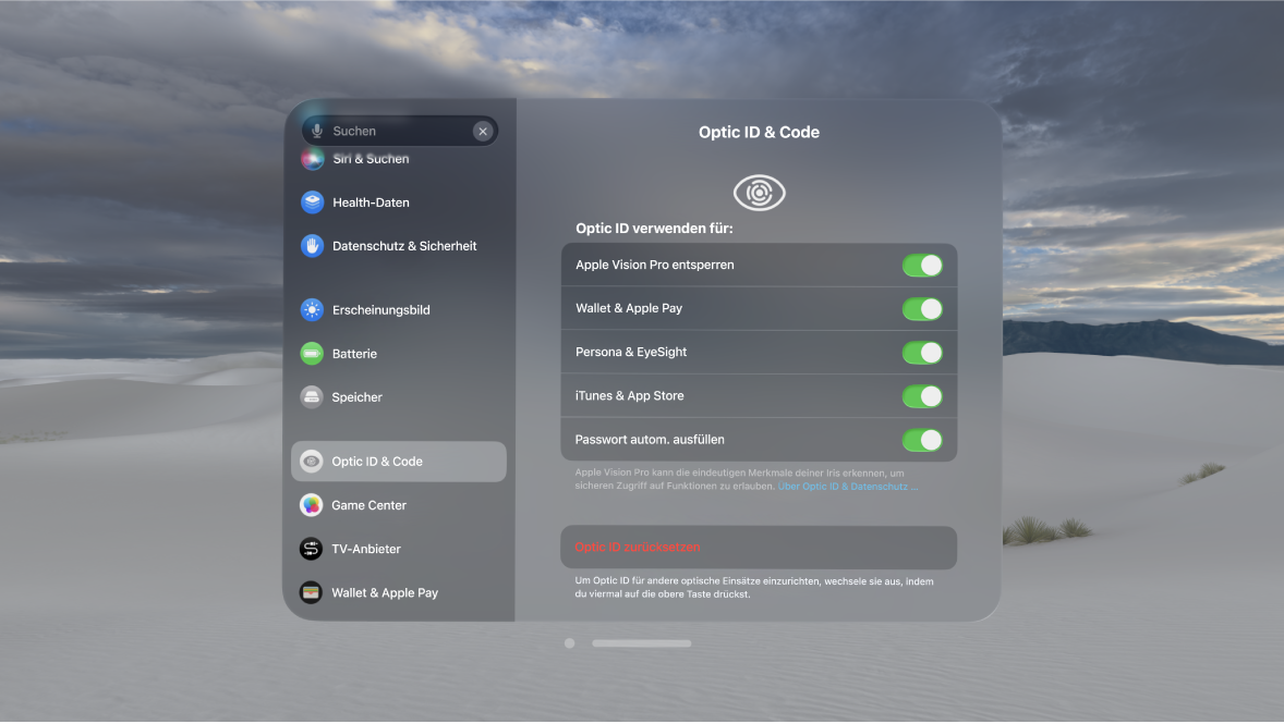 Die Einstellungen für „Optic ID & Code“ auf der Apple Vision Pro mit Optionen zum Verwenden von Optic ID für das Entsperren, für Persona und mehr sowie zum Zurücksetzen von Optic ID.