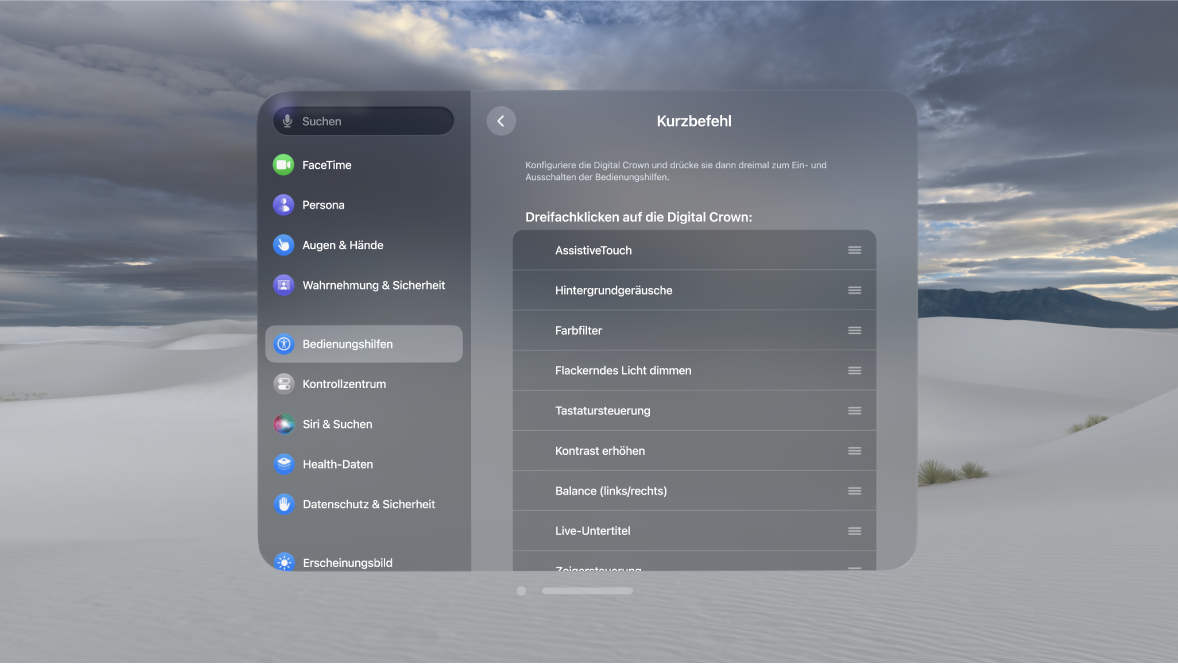 Die Einstellungen „Bedienungshilfen-Kurzbefehl“ auf der Apple Vision Pro zeigen Funktionen, die du mit der Digital Crown aktivieren oder deaktivieren kannst.