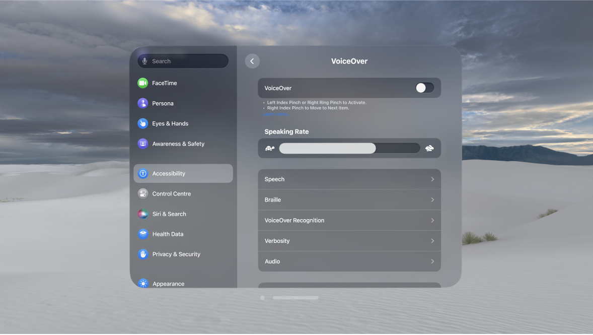 VoiceOver settings on Apple Vision Pro, showing settings for speaking rate, braille, verbosity and more.