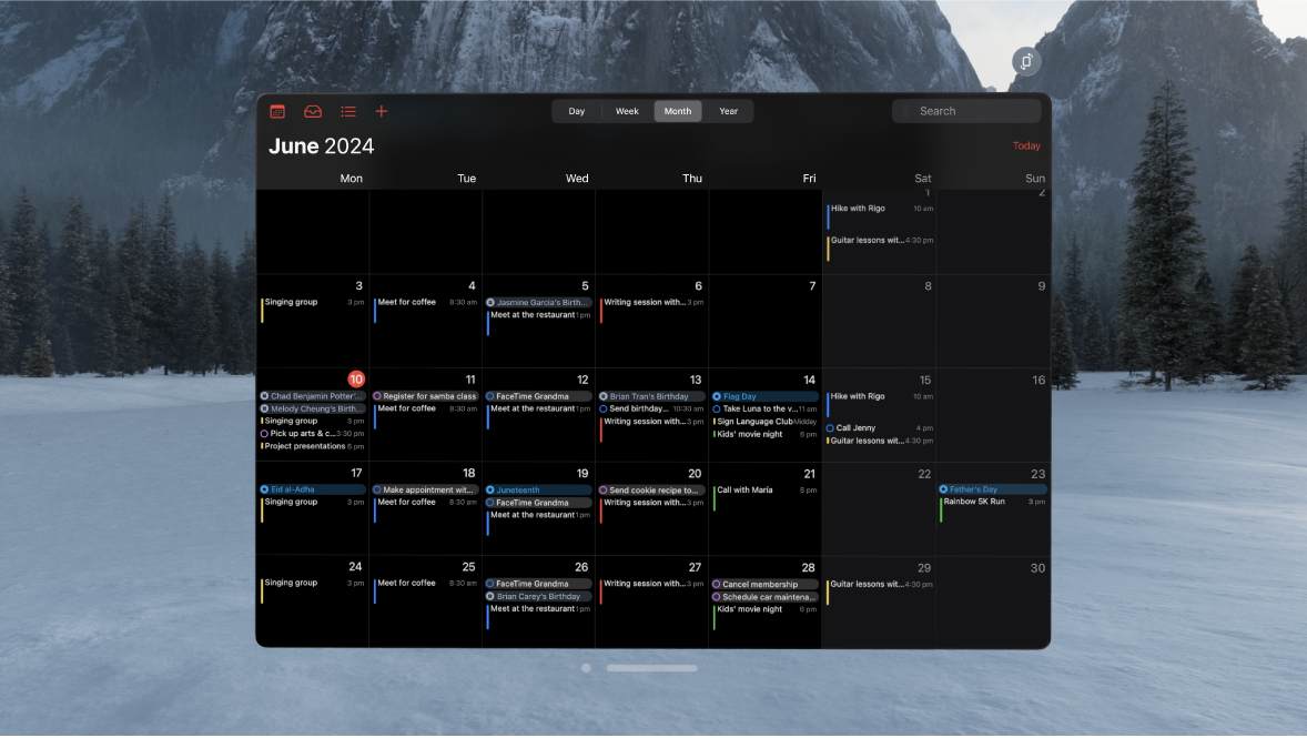 The Calendar app on Apple Vision Pro, showing a month of events.