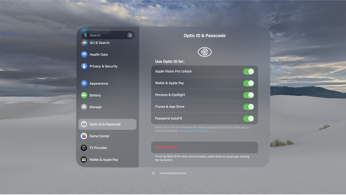 Optic ID & Passcode settings on Apple Vision Pro, showing options to use Optic ID for unlock, Persona and more, and to Reset Optic ID.