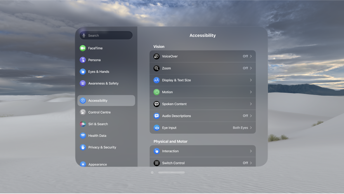 Accessibility settings on Apple Vision Pro, showing settings such as Voiceover, Eye Input and Switch Control.