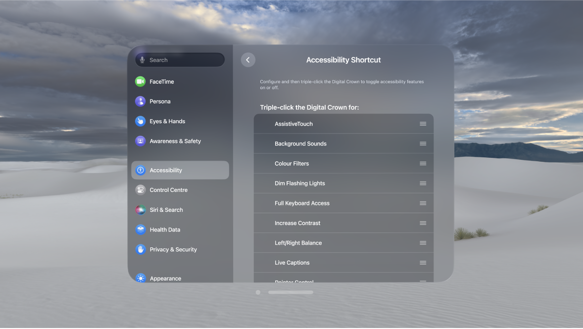 Accessibility Shortcut settings on Apple Vision Pro, showing features you can turn on and off with the Digital Crown.