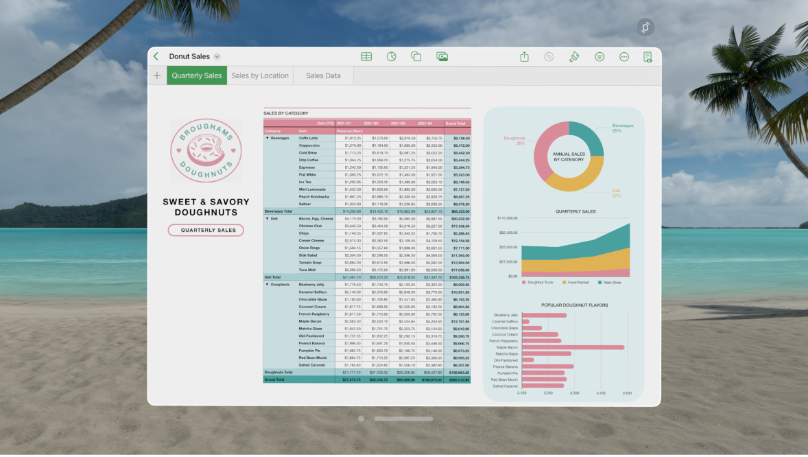 The Numbers app on Apple Vision Pro, showing an open spreadsheet and formatting controls at the top.