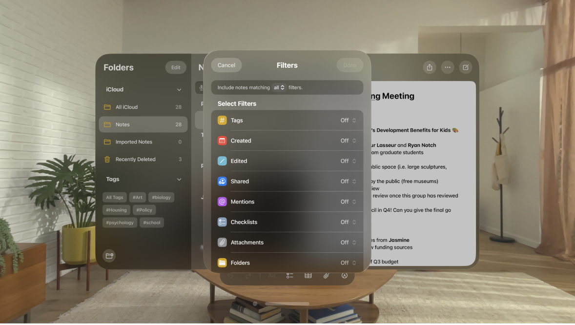 The Notes app on Apple Vision Pro, showing filters that can be added to a folder.