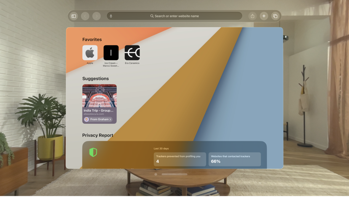 The Safari app on Apple Vision Pro, showing the start page.