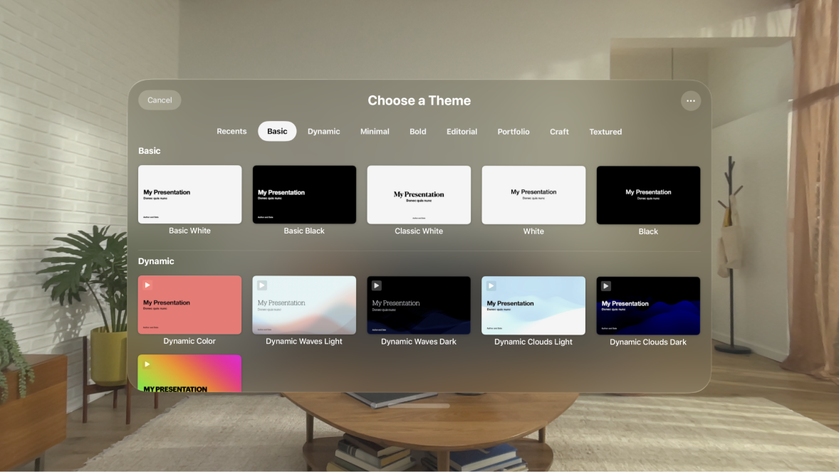 The Keynote app on Apple Vision Pro, showing the Theme Chooser and a selection of themes.