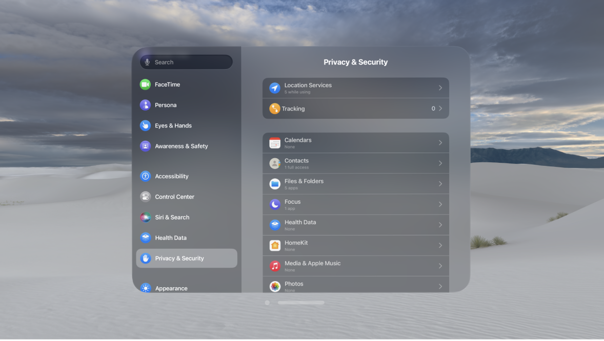 The Privacy & Security settings on Apple Vision Pro, showing settings for Location Services at the top.