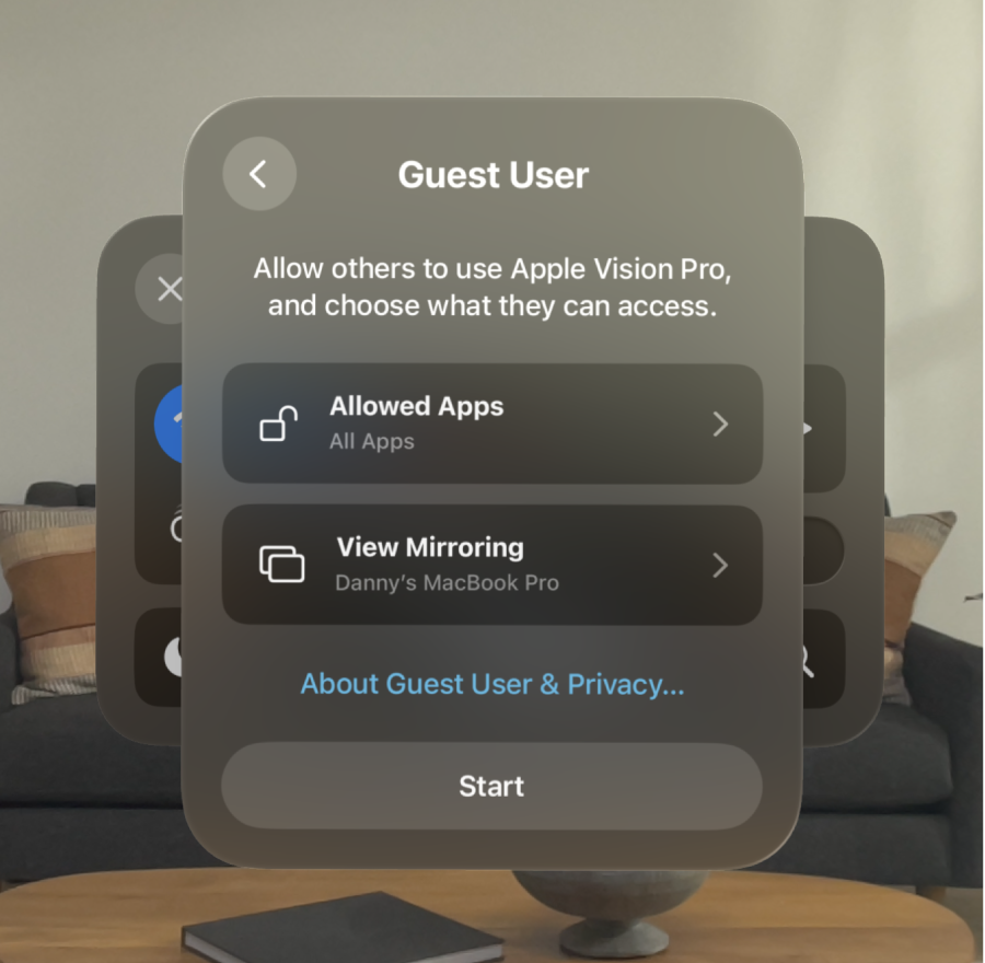 Guest User settings on Apple Vision Pro, with options to change what apps the guest can access, and whether or not to mirror your view.