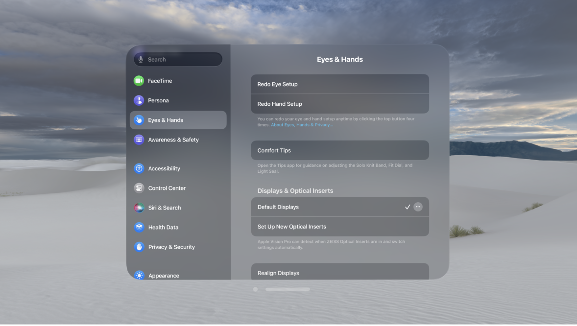 Eyes & Hands settings, with options to redo eye and hand setup, change Hand Input settings, and more.