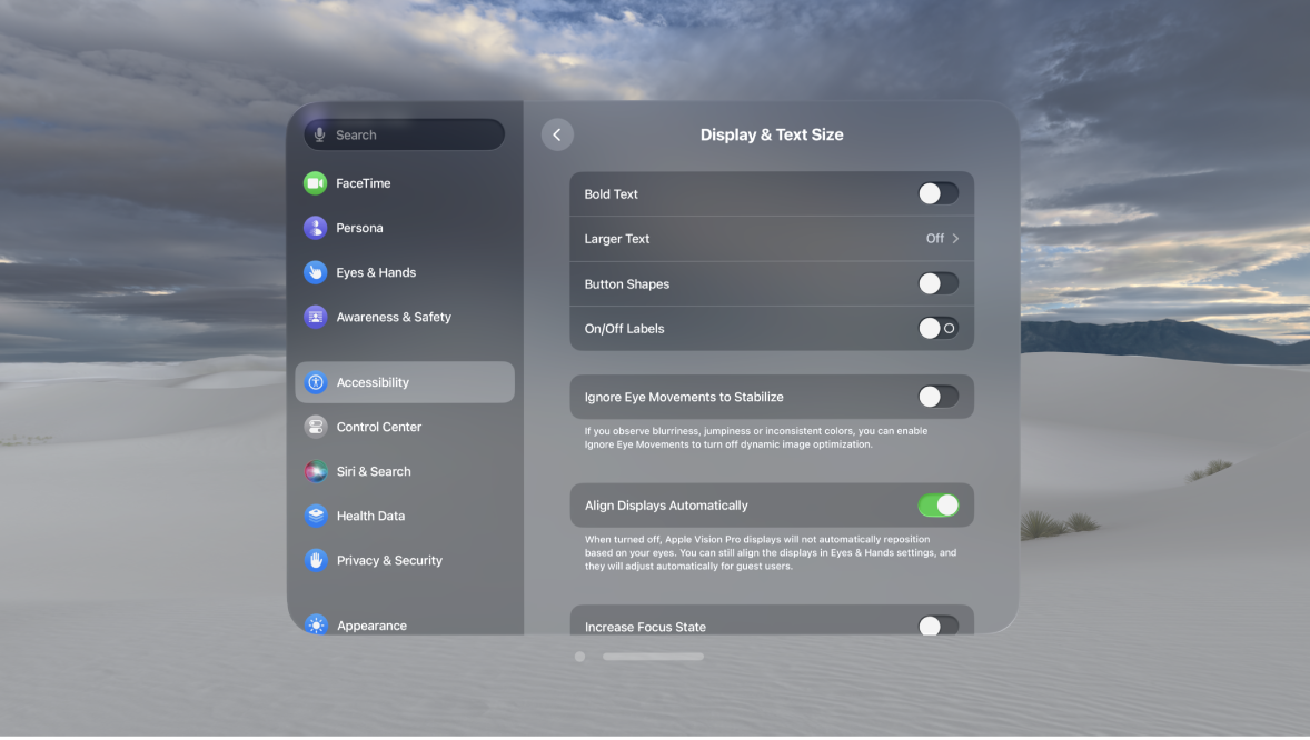 Display & Text Size settings on Apple Vision Pro, showing controls to turn on Bold Text, Ignore Eye Movements, Increase Focus State, and more.