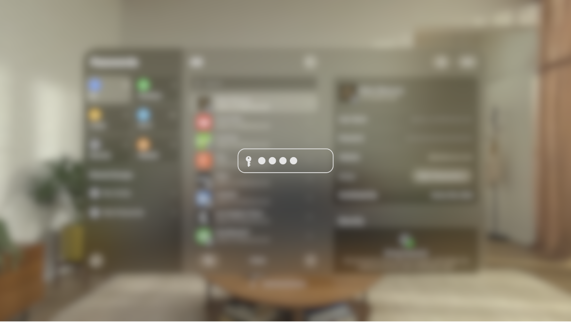 The view on Apple Vision Pro while a password is typed, as seen by someone watching on a mirrored display. The view is blurred, and an image indicates that the user is entering a password.