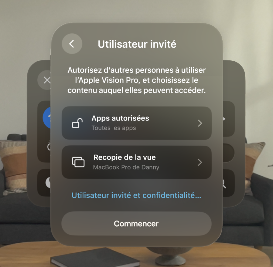 Réglages « Utilisateur invité » sur l’Apple Vision Pro, avec des options pour modifier les apps auxquelles l’invité peut accéder, et si vous souhaitez recopier la vue.