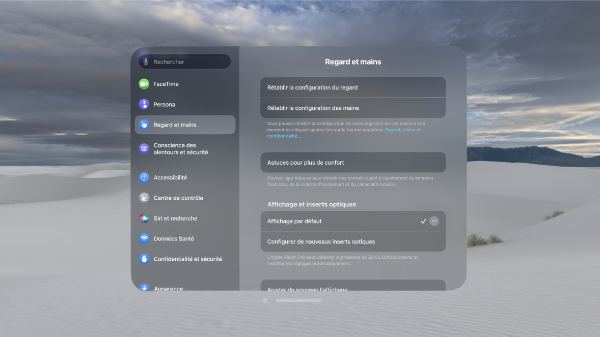 Réglages « Regard et mains », avec des options pour refaire la configuration du regard et des mains, modifier les réglages « Saisie manuelle », et plus.