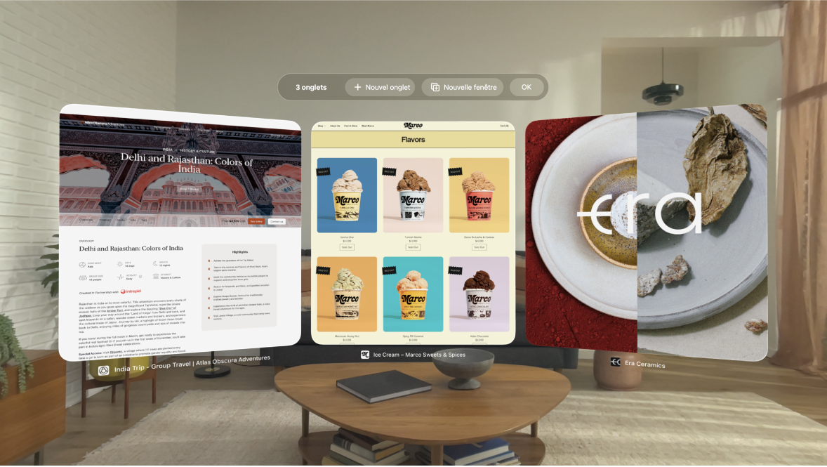L’app Safari sur l’Apple Vision Pro, avec des onglets ajustés autour de la vue de l’utilisateur.