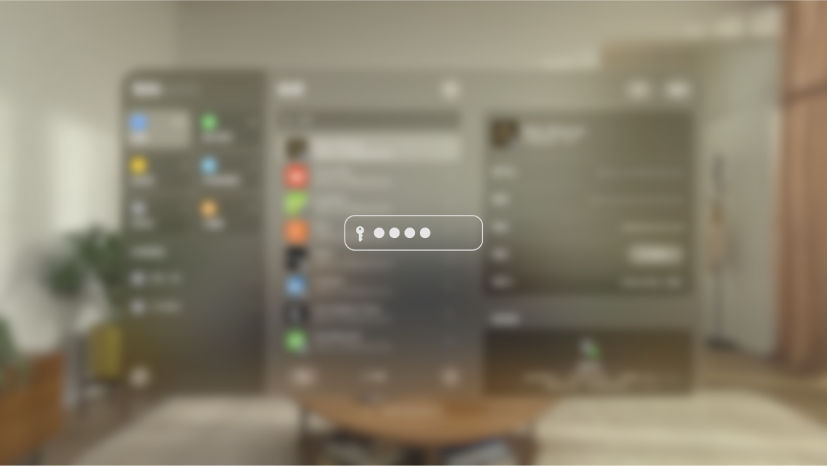 密码键入时的 Apple Vision Pro 视野，显示在他人的镜像显示器上。视野已进行模糊化处理，并有图像表明用户正在输入密码。