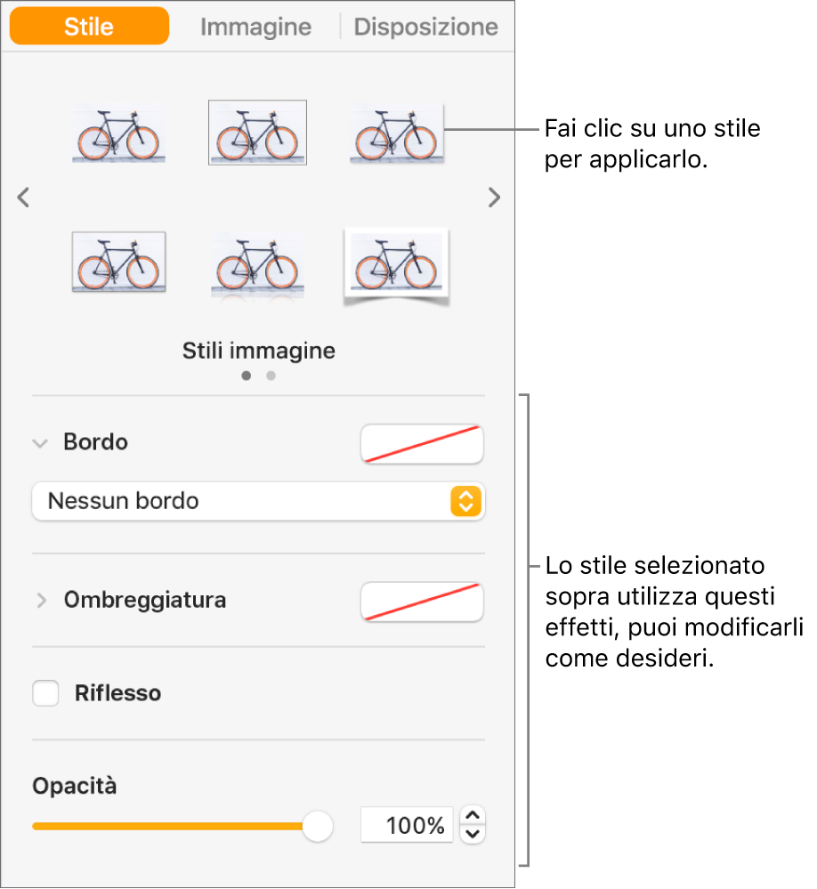 Pannello Stile della barra laterale Formattazione che mostra le opzioni relative allo stile dell’oggetto.