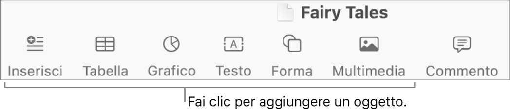 barra strumenti con pulsanti per aggiungere tabelle, grafici, testo, forme e file multimediali.