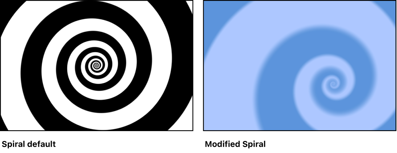 Canvas mit dem Generator „Spiralen“ und verschiedenen Einstellungen