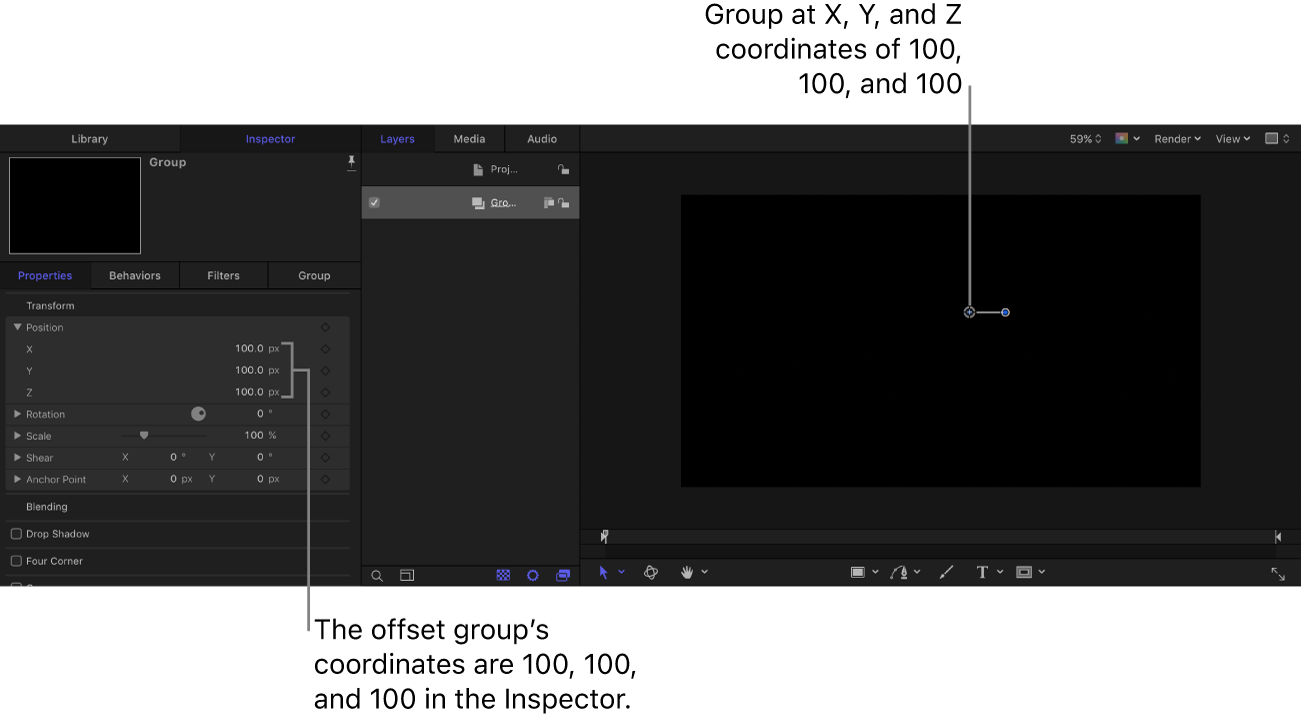 Canvas and Inspector showing group placed at coordinates: X = 100, Y = 100, Z = 100