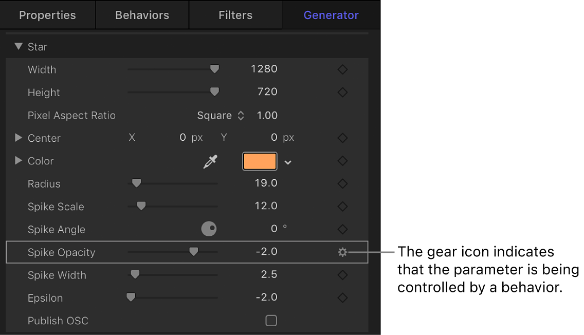 Generator Inspector showing Behaviors icon on Spike Opacity parameter