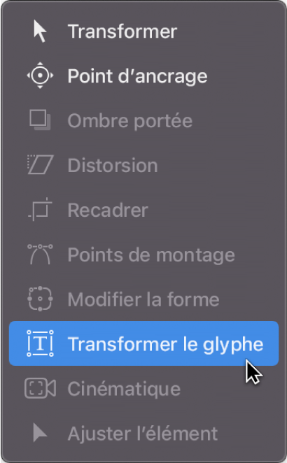 Sélection de l’outil Transformer le glyphe dans la barre d’outils du canevas