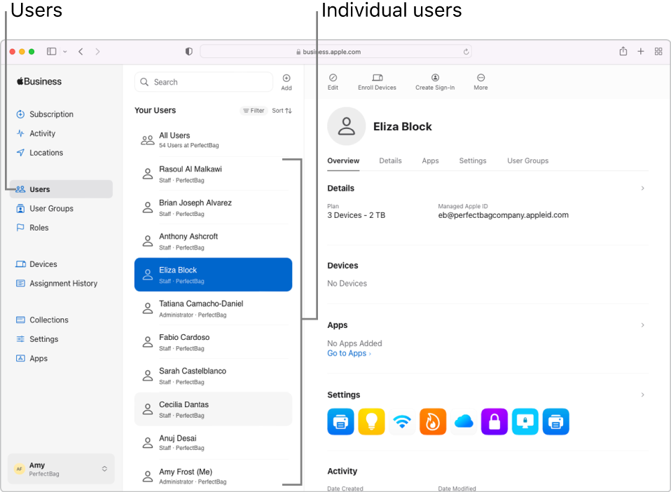 The Apple Business Essentials window, with Users selected in the sidebar. A selected user shows information about that user.