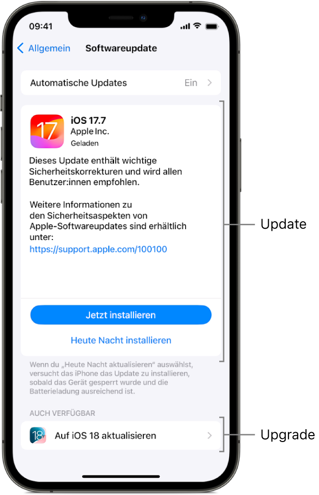 Ein iPhone-Bildschirm zeigt ein Update für iOS 17.7 oder ein Upgrade für iOS 18.