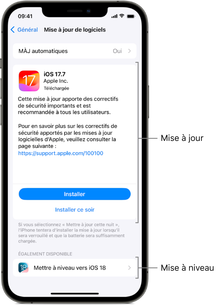 Écran d’un iPhone affichant une mise à jour vers iOS 17.7 ou une mise à niveau vers iOS 18.