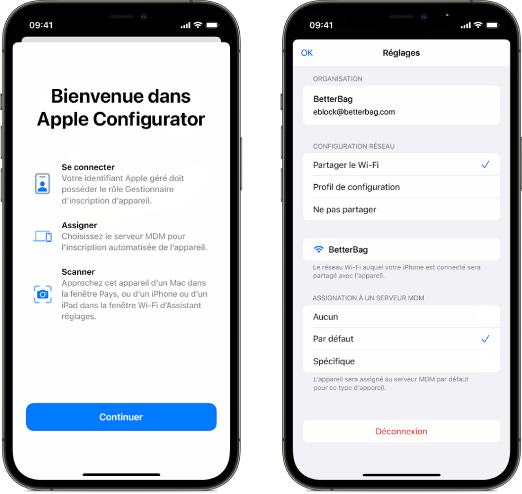 Apple Configurator pour iPhone présentant deux écrans, l’un correspondant à l’écran principal contenant la fenêtre Bienvenue et l’autre affichant le serveur MDM par défaut sélectionné comme assignation automatique pour les appareils.