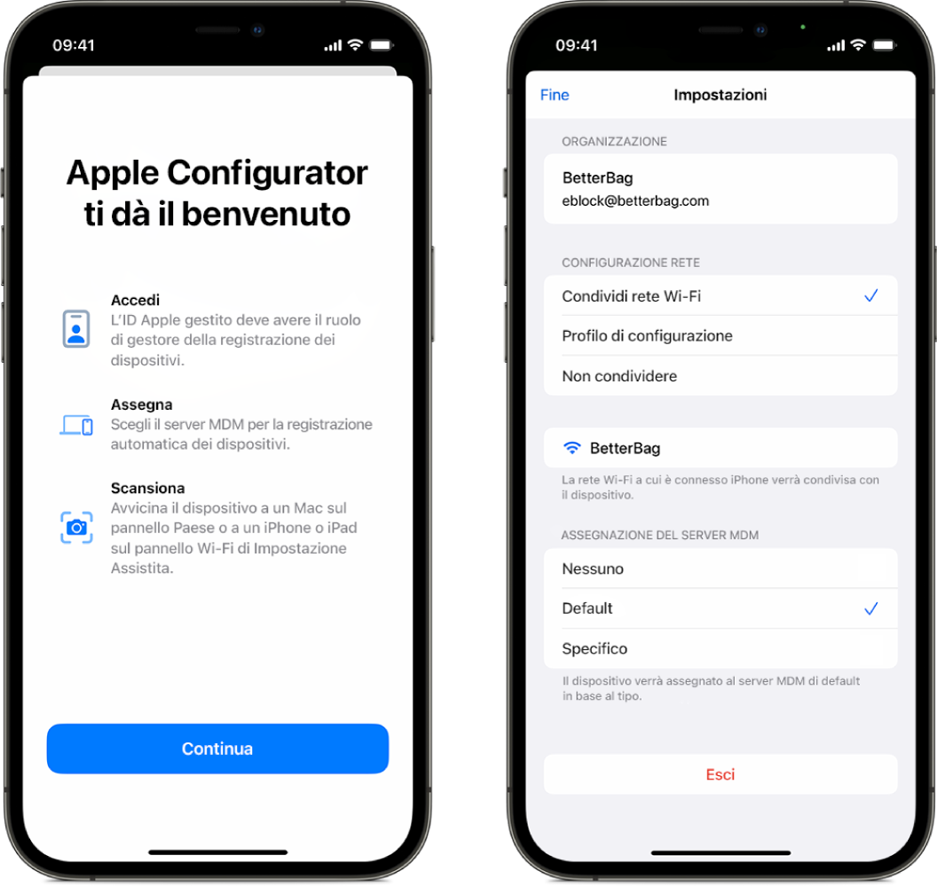 Apple Configurator per iPhone mostra due schermate, la prima è la schermata principale che presenta la finestra di benvenuto e la seconda presenta il server MDM predefinito selezionato come assegnazione automatica dei dispositivi.