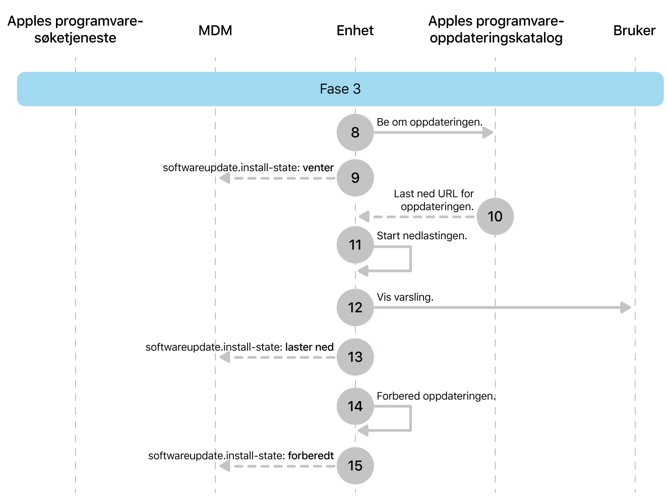 Fase 3 viser trinn 8 til 16 for håndheving av oppdatering av Apple-programvare.