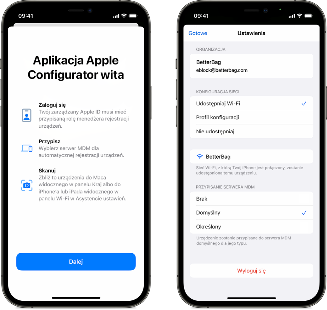 Apple Configurator na iPhonie wyświetlający dwa ekrany. Jeden to ekran główny z powitaniem. Drugi zawiera domyślny serwer MDM automatycznie przypisywany urządzeniom.