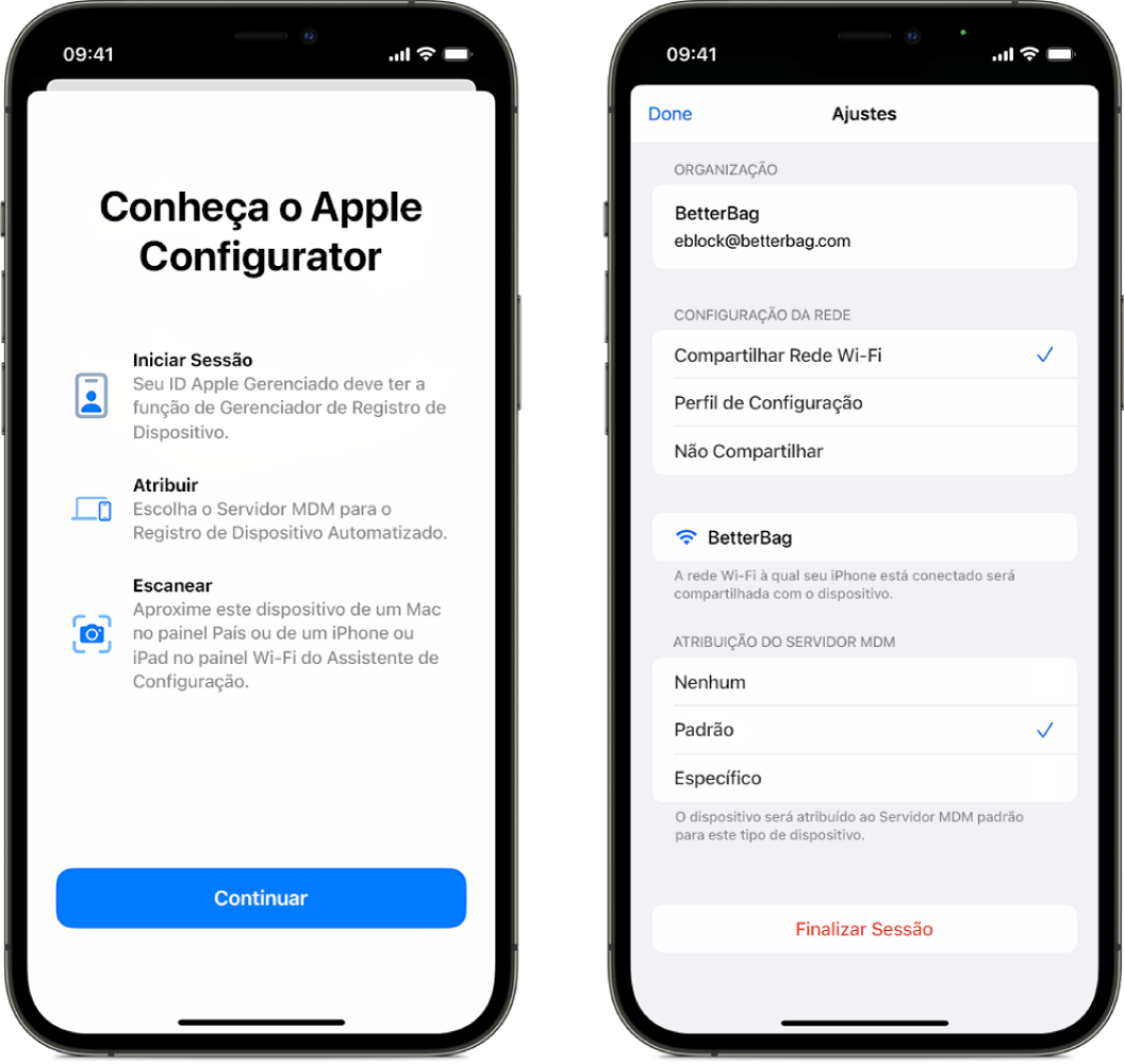 Apple Configurator para iPhone mostrando duas telas: uma é a tela principal, que mostra a janela inicial e, a segunda, mostra o servidor MDM Padrão, selecionado como atribuição automática dos dispositivos.