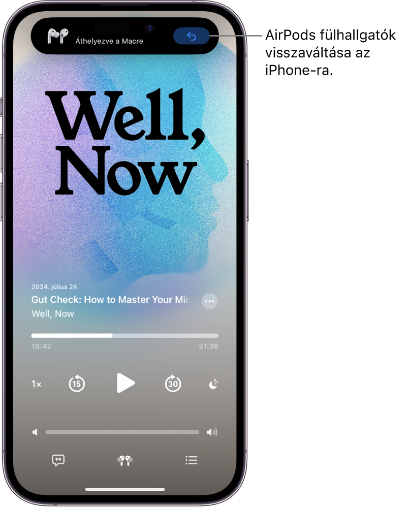 Az iPhone zárolási képernyője, amelynek tetején az „áthelyezve a Macre” üzenet és az AirPods iPhone-ra való visszaváltásához használható gomb látható.