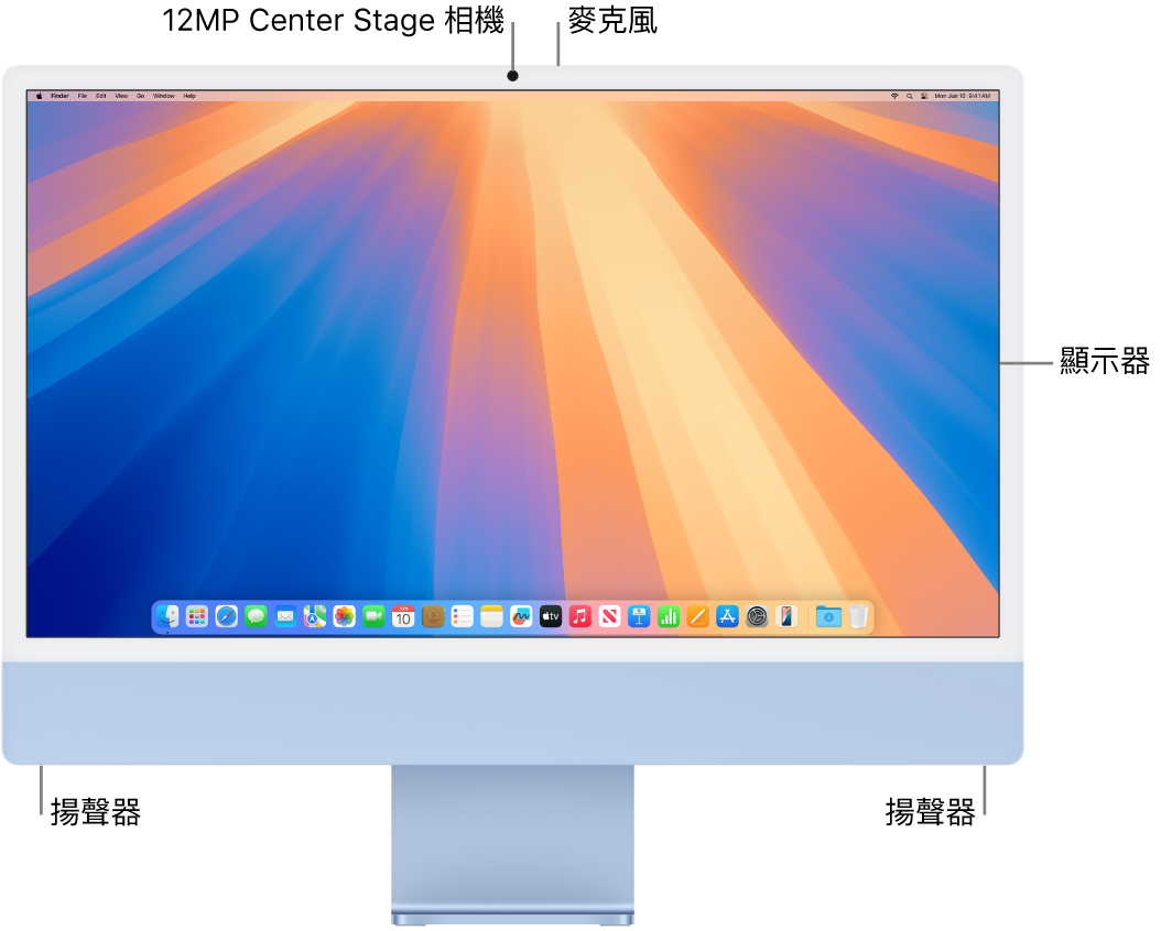 iMac 的正面，顯示螢幕、相機、麥克風和揚聲器。