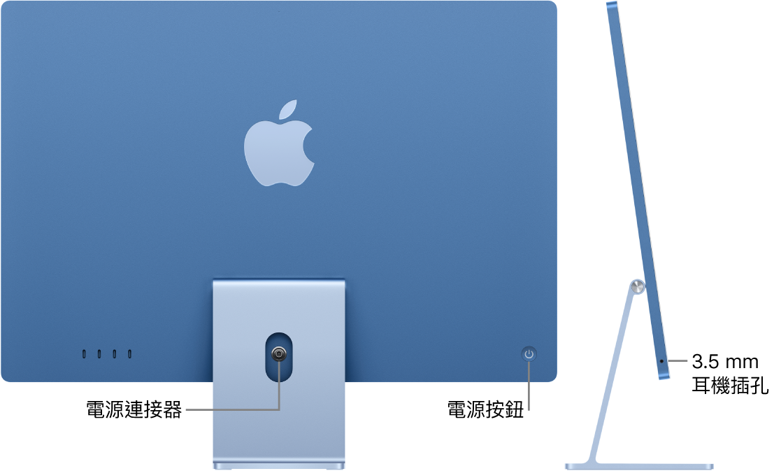 iMac 的背面，顯示電源連接器和電源按鈕。旁邊為顯示耳機插孔的側面視圖。