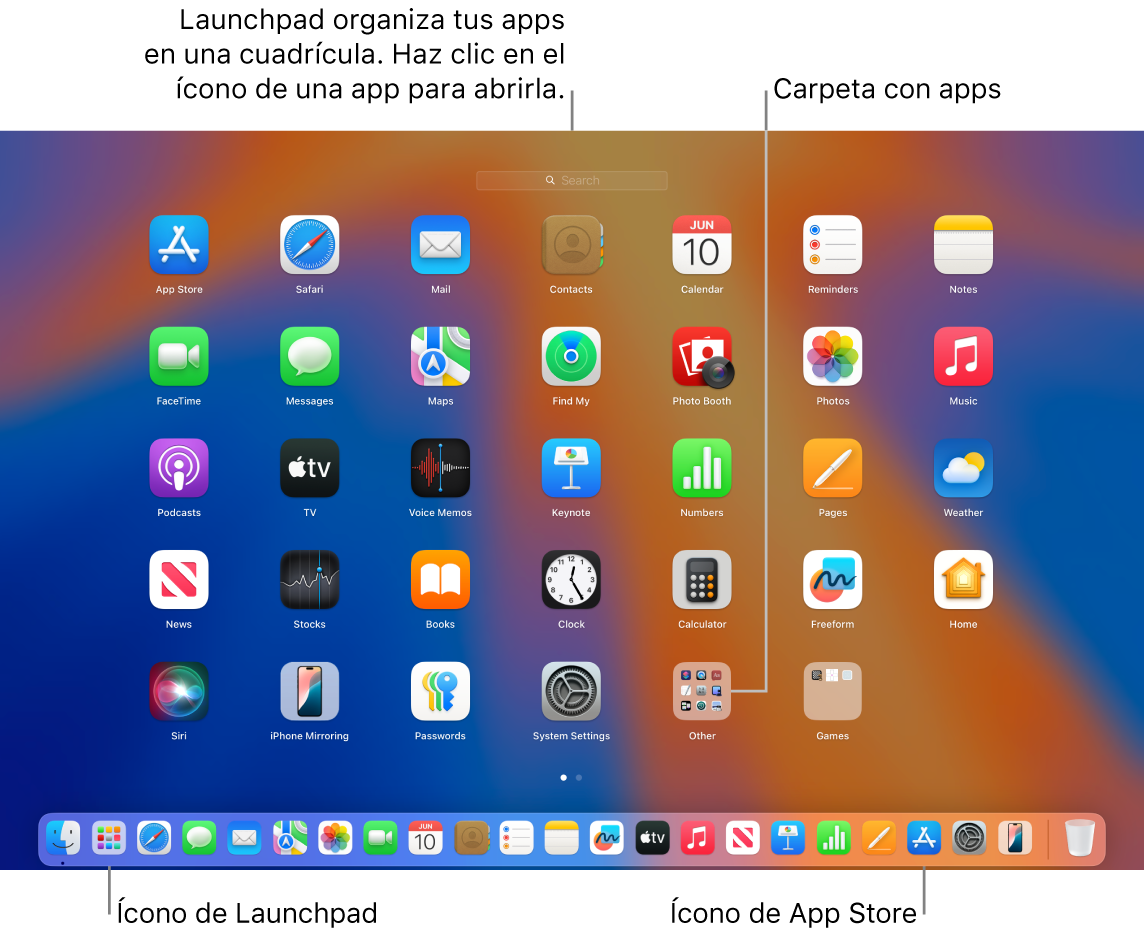 El ícono de Launchpad en el Dock y la ventana abierta de Launchpad mostrando varias apps organizadas en una cuadrícula en la pantalla de una Mac.