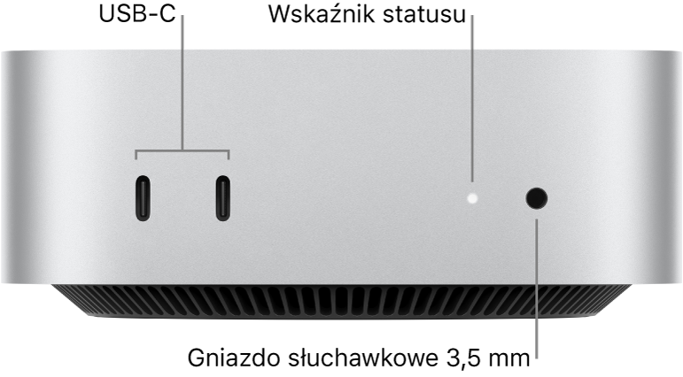 Widok Maca mini z przodu z widocznymi dwoma gniazdami USB‑C, lampką wskaźnika statusu oraz gniazdem słuchawkowym 3,5 mm.