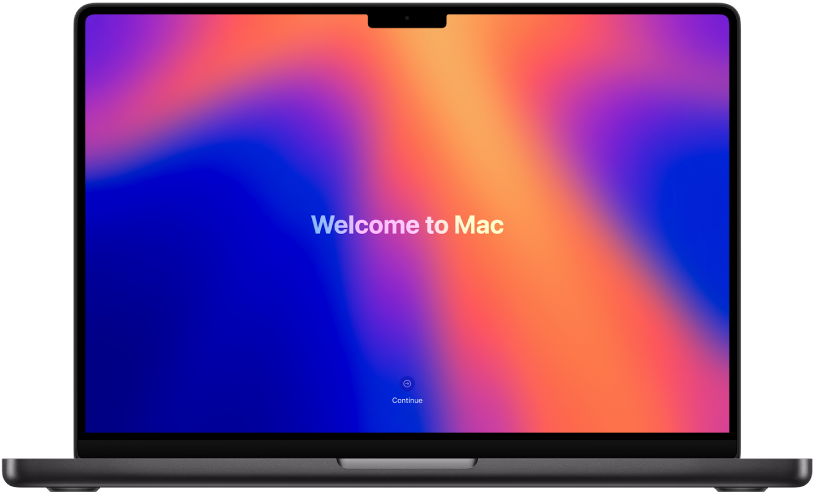 جهاز MacBook Pro مفتوح مع كلمة الترحيب "مرحبًا" وزر مكتوب عليه "بدء" على الشاشة.