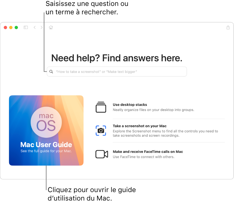 La page d'accueil de l’app Astuces affichant le guide d'utilisation du Mac, le champ de recherche et des rubriques suggérées.