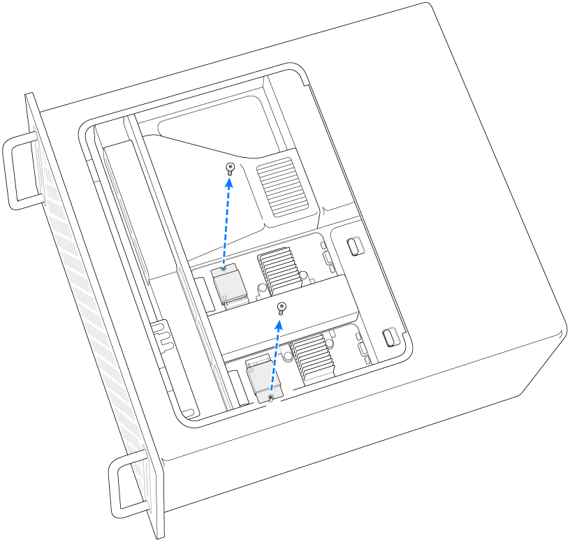 Deux vis en cours de retrait des modules SSD.