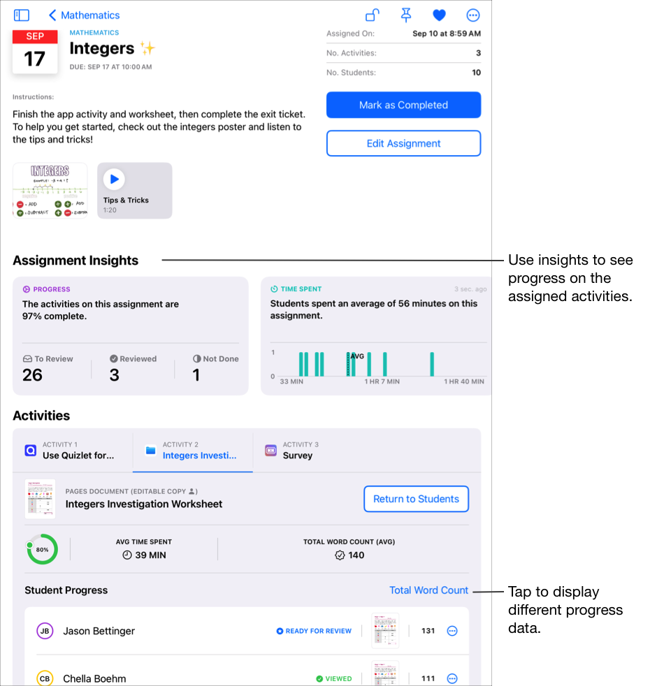 Un exemple de la vista d’informació d’una tasca que mostra dades de progrés detallades per a l’activitat seleccionada, incloent-hi el percentatge completat, la mitjana de temps dedicat i la mitjana del recompte de paraules total de la classe. A “Progrés de l’alumne”, l’app Tasques mostra el resum del progrés per a l’activitat seleccionada, sempre que hi hagi com a mínim un alumne o alumna que enviï dades de progrés. Per mostrar unes dades de progrés diferents, toca l’enllaç del filtre actual. Utilitza les dades per veure el progrés de les activitats assignades.