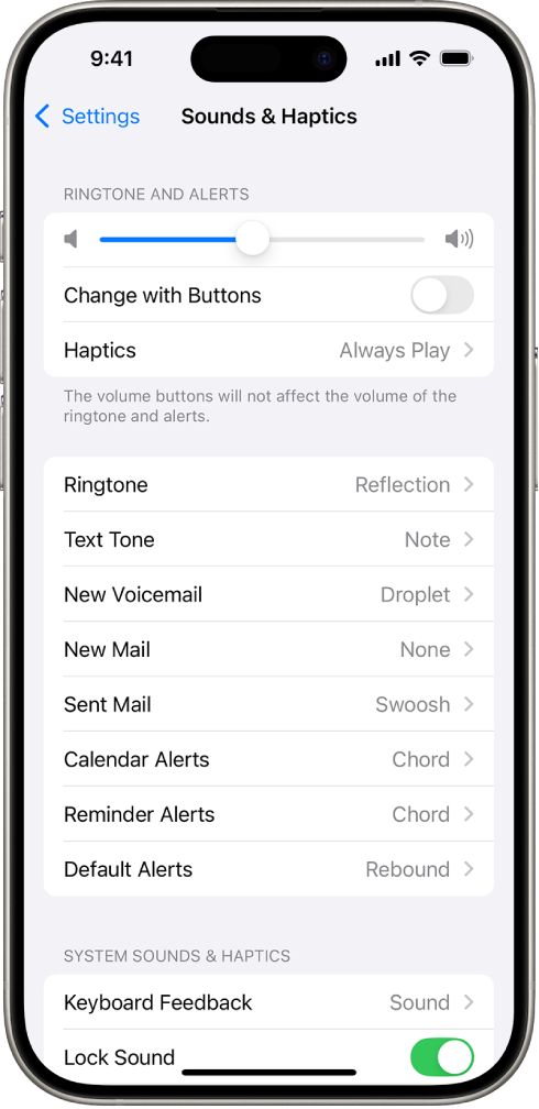 Екранът Звуци и осезания в Настройки. Опциите на екрана от горе надолу са Аудио от слушалки и безопасна употреба, Сила на звука на Тона на звънене и Предупрежденията с плъзгач за нагласяне на силата на звука и опция за промяна на силата на звука с бутони и Схеми за звуци и осезания, включително Тон на звънене и Тон за текстово съобщение.
