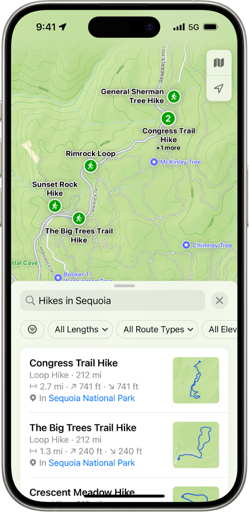 L’app Mapes mostra els resultats que coincideixen amb una cerca de rutes de senderisme d’un parc nacional.