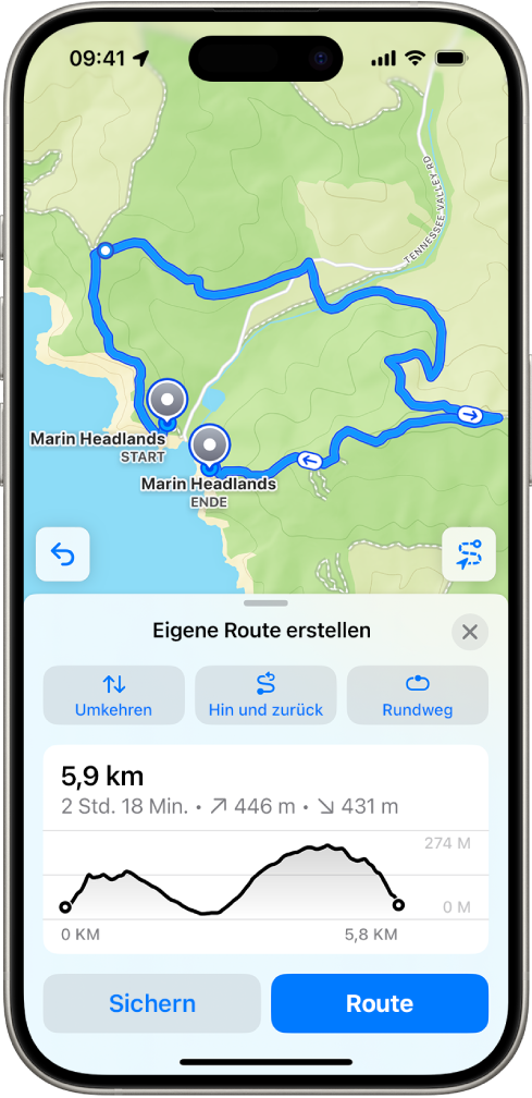 Eine eigene Route in der App „Karten“ zeigt die Distanz, das Höhenprofil, die geschätzte Dauer und Optionen zum Sichern oder Erhalten einer Wegbeschreibung zum Startpunkt der Route.